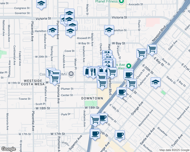 map of restaurants, bars, coffee shops, grocery stores, and more near 545A Bernard Street in Costa Mesa