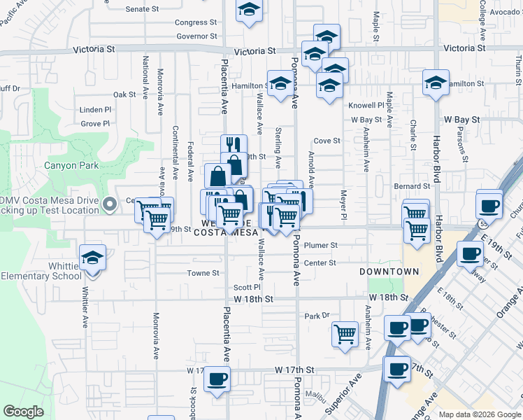 map of restaurants, bars, coffee shops, grocery stores, and more near 1945 Wallace Avenue in Costa Mesa