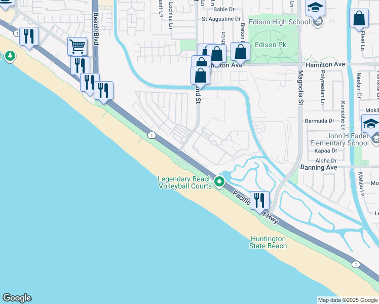 map of restaurants, bars, coffee shops, grocery stores, and more near in Huntington Beach