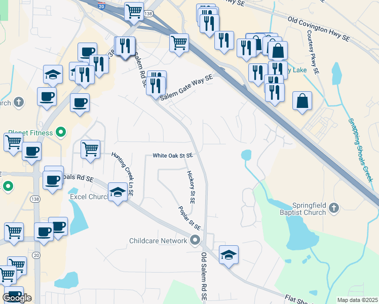map of restaurants, bars, coffee shops, grocery stores, and more near 1390 White Oak Street Southeast in Conyers