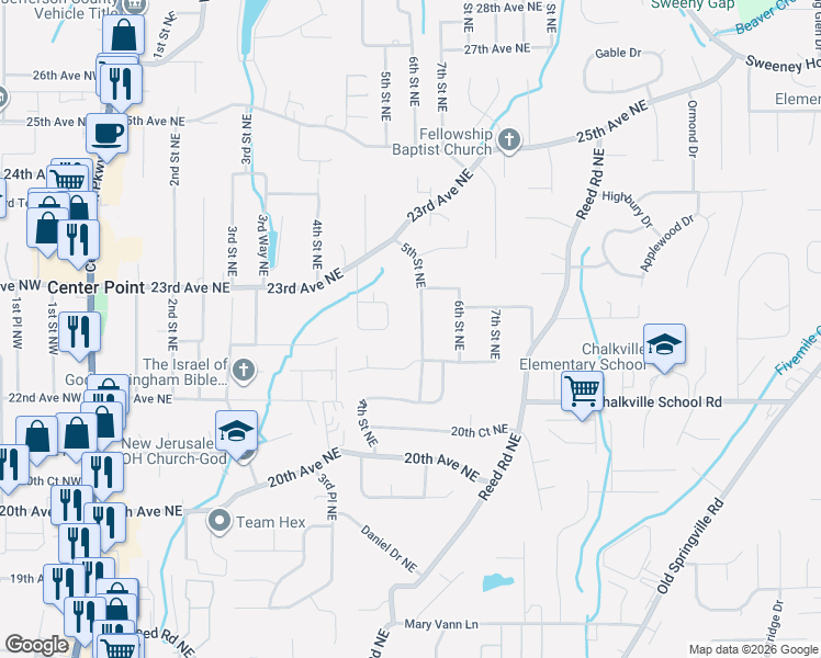 map of restaurants, bars, coffee shops, grocery stores, and more near 2236 5th Street Northeast in Center Point