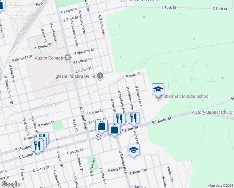 map of restaurants, bars, coffee shops, grocery stores, and more near 501 North Burdette Avenue in Sherman