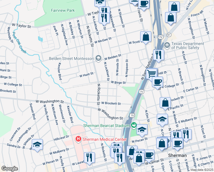 map of restaurants, bars, coffee shops, grocery stores, and more near 901 West Fischer Street in Sherman