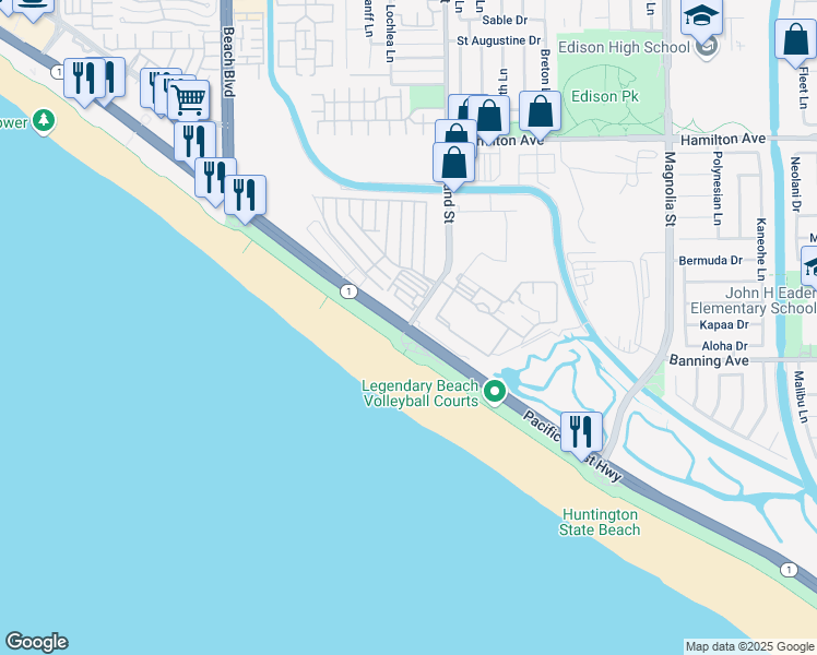 map of restaurants, bars, coffee shops, grocery stores, and more near Pacific Coast Highway & Newland Street in Huntington Beach