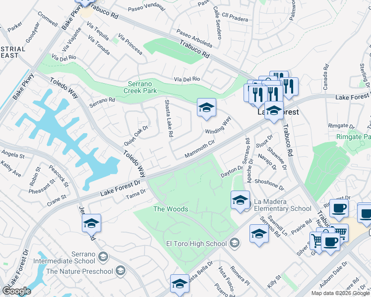 map of restaurants, bars, coffee shops, grocery stores, and more near 25002 Pine Flat Circle in Lake Forest