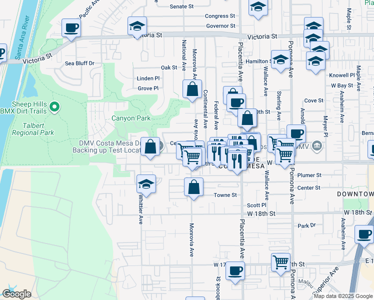 map of restaurants, bars, coffee shops, grocery stores, and more near 910 Arbor Street in Costa Mesa