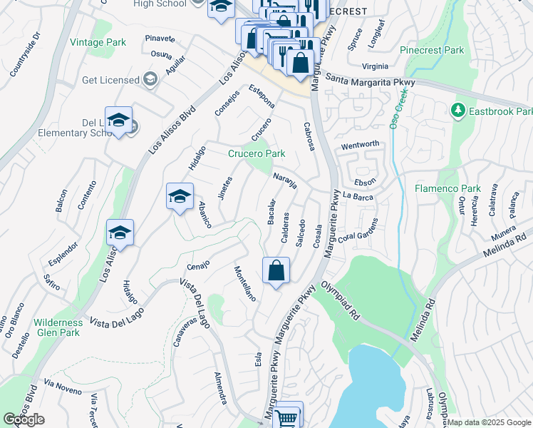map of restaurants, bars, coffee shops, grocery stores, and more near 21955 Bacalar in Mission Viejo
