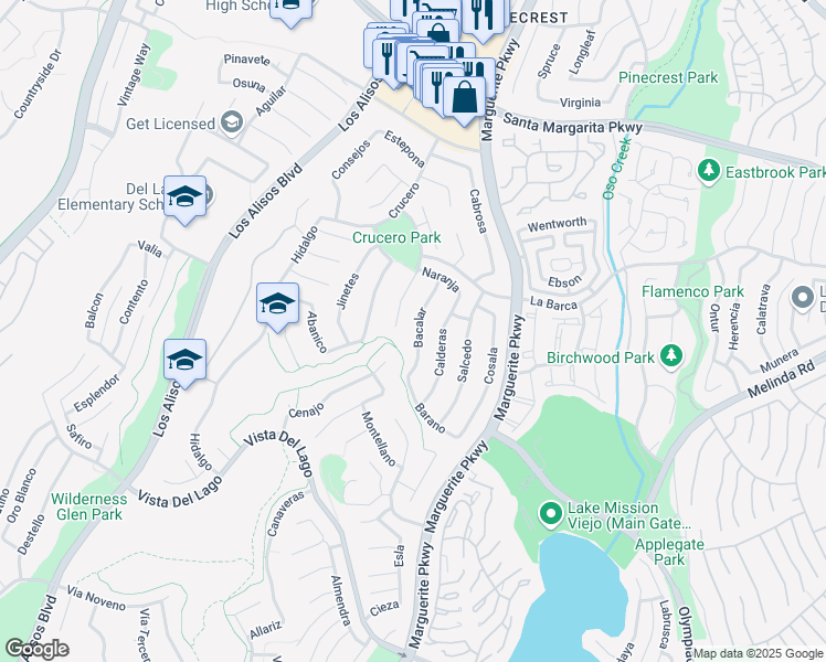 map of restaurants, bars, coffee shops, grocery stores, and more near 21955 Bacalar in Mission Viejo