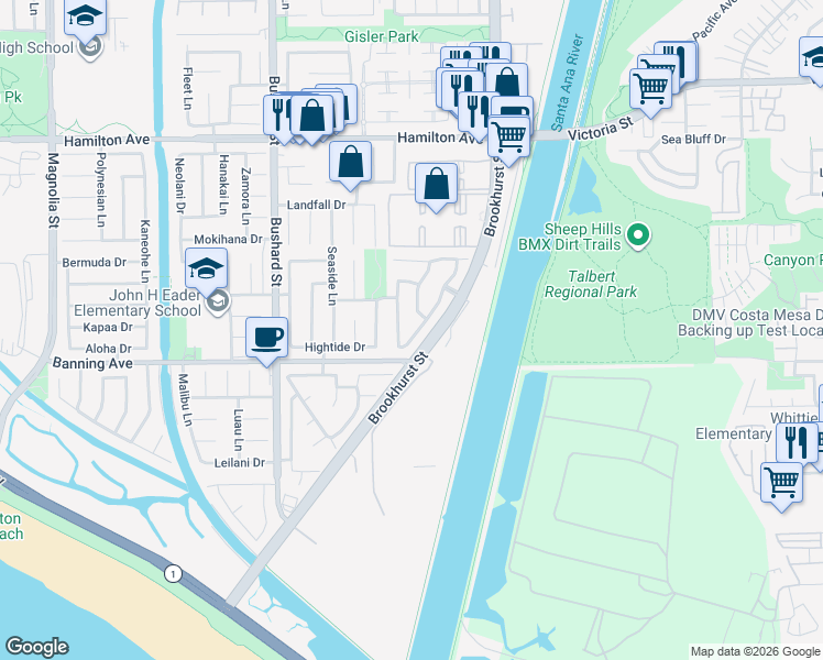 map of restaurants, bars, coffee shops, grocery stores, and more near 21921 Summerwind Lane in Huntington Beach