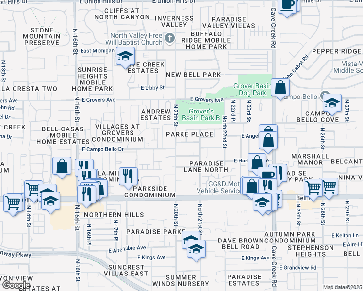 map of restaurants, bars, coffee shops, grocery stores, and more near 17417 North 20th Street in Phoenix