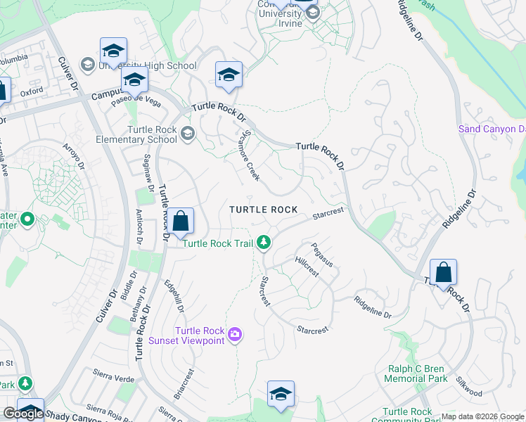 map of restaurants, bars, coffee shops, grocery stores, and more near 40 Canyon Ridge in Irvine