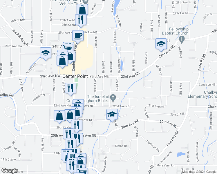 map of restaurants, bars, coffee shops, grocery stores, and more near 2236 3rd Street Northeast in Center Point