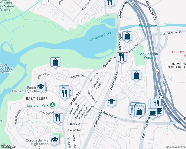 map of restaurants, bars, coffee shops, grocery stores, and more near 2981 Quedada in Newport Beach
