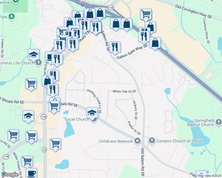 map of restaurants, bars, coffee shops, grocery stores, and more near 1295 Maple Street Southeast in Conyers