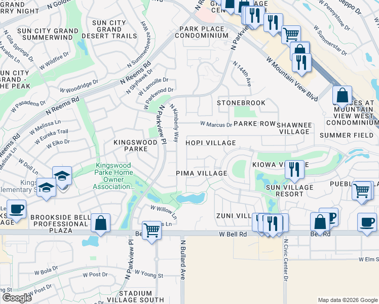 map of restaurants, bars, coffee shops, grocery stores, and more near 14632 West Bison Path in Surprise