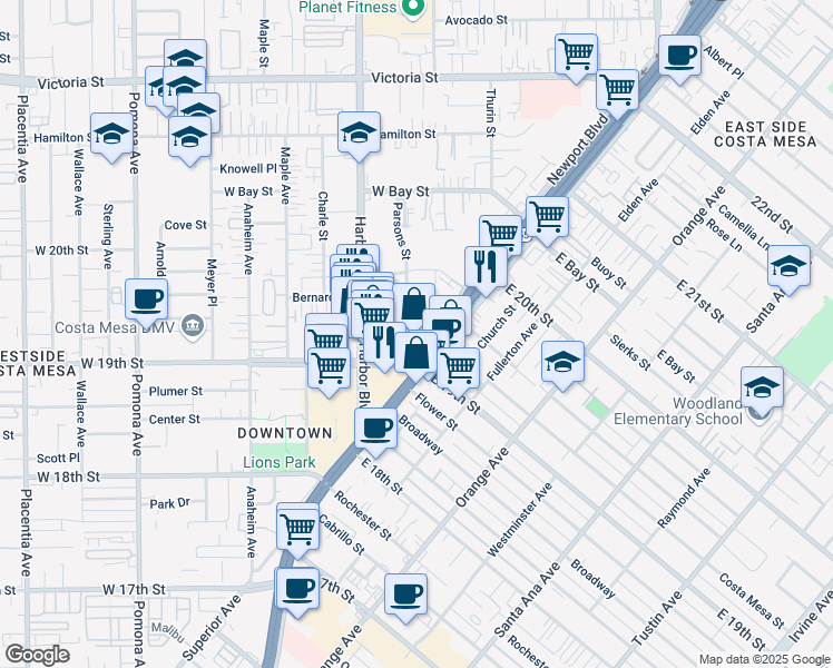 map of restaurants, bars, coffee shops, grocery stores, and more near 406 Bernard Street in Costa Mesa