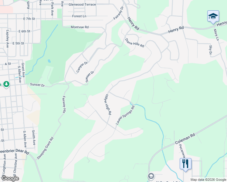 map of restaurants, bars, coffee shops, grocery stores, and more near 600 Hillyer High Road in Anniston