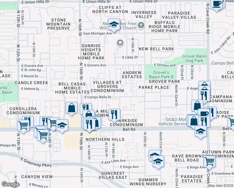 map of restaurants, bars, coffee shops, grocery stores, and more near 1802 East Campo Bello Drive in Phoenix