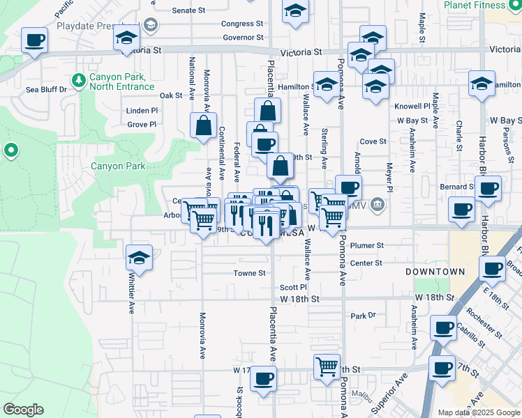 map of restaurants, bars, coffee shops, grocery stores, and more near 1940 Federal Avenue in Costa Mesa