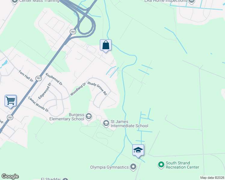 map of restaurants, bars, coffee shops, grocery stores, and more near 8162 Woodland Drive in Myrtle Beach