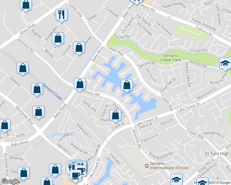 map of restaurants, bars, coffee shops, grocery stores, and more near 21923 Erie Lane in Lake Forest