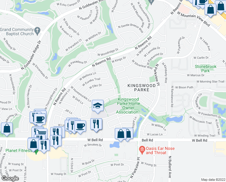 map of restaurants, bars, coffee shops, grocery stores, and more near 15107 West Evening Star Trail in Surprise