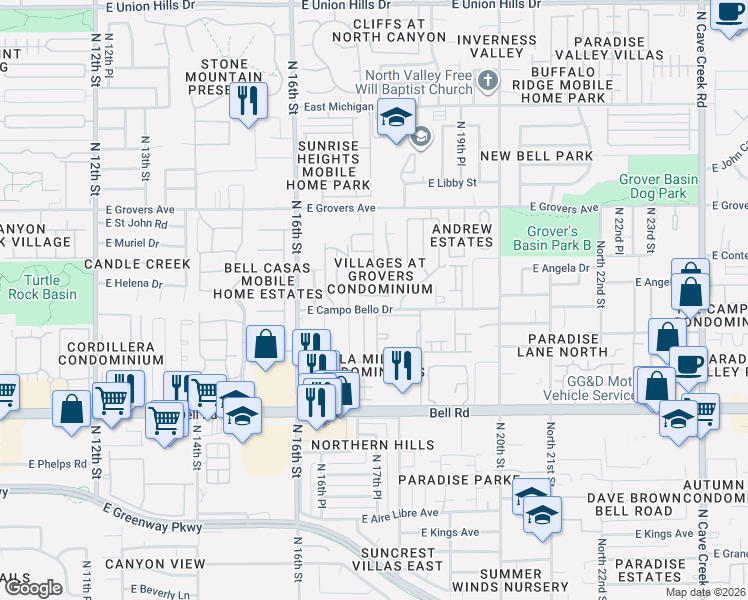 map of restaurants, bars, coffee shops, grocery stores, and more near 17606 North 17th Place in Phoenix