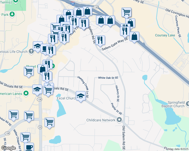 map of restaurants, bars, coffee shops, grocery stores, and more near 1328 White Oak Street Southeast in Conyers