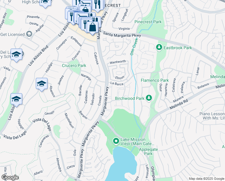 map of restaurants, bars, coffee shops, grocery stores, and more near 21886 Barbados in Mission Viejo