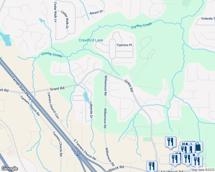map of restaurants, bars, coffee shops, grocery stores, and more near 3831 Village Crossing Lane in Ellenwood
