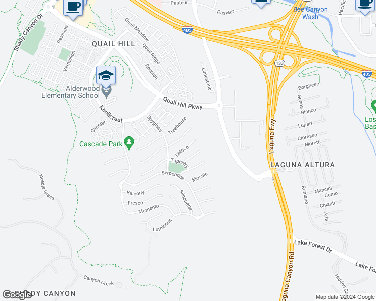 map of restaurants, bars, coffee shops, grocery stores, and more near 112 Lattice in Irvine