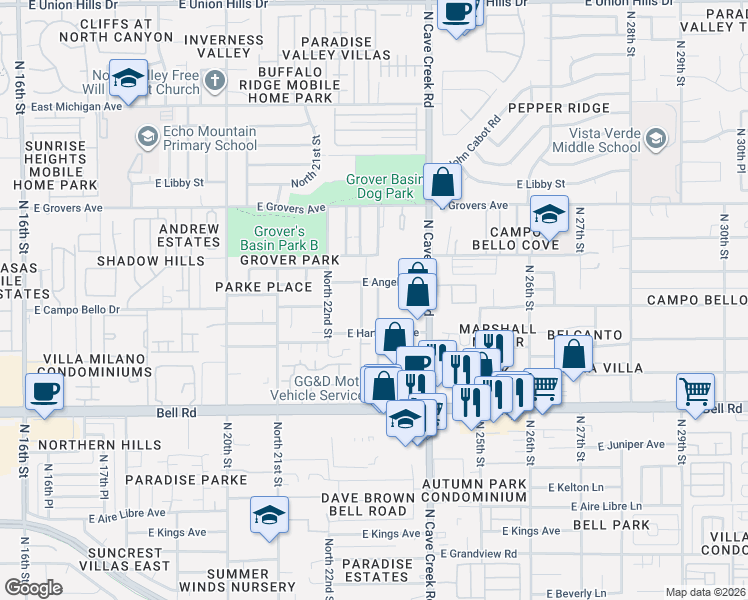 map of restaurants, bars, coffee shops, grocery stores, and more near 2275-2299 East Angela Drive in Phoenix