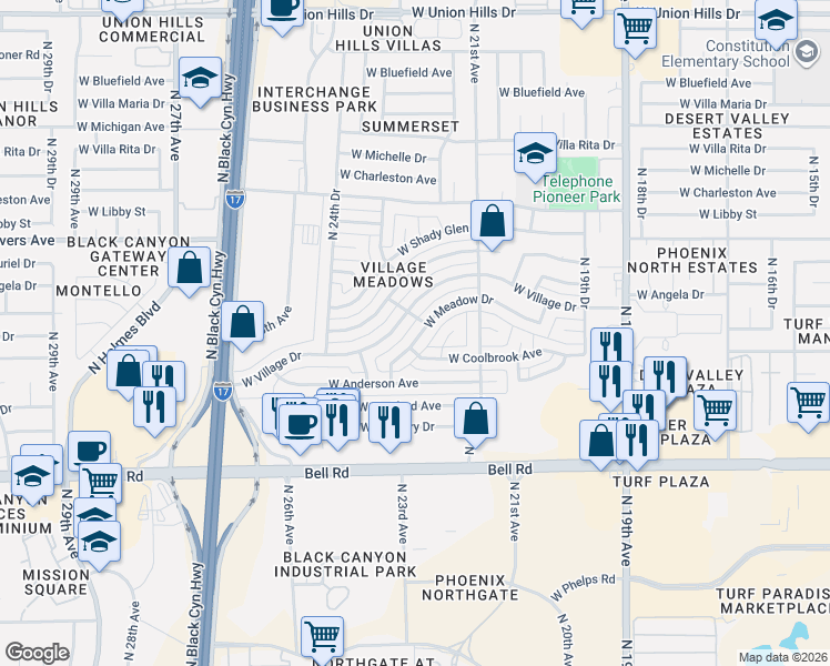 map of restaurants, bars, coffee shops, grocery stores, and more near 2302 West Village Drive in Phoenix