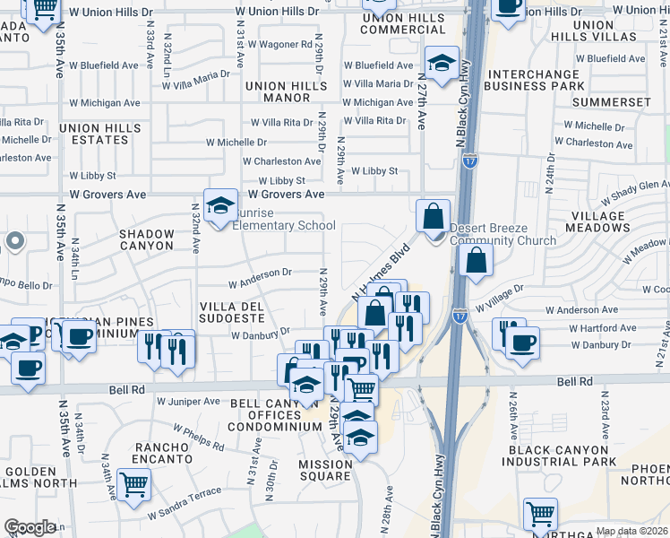 map of restaurants, bars, coffee shops, grocery stores, and more near 2902 West Campo Bello Drive in Phoenix
