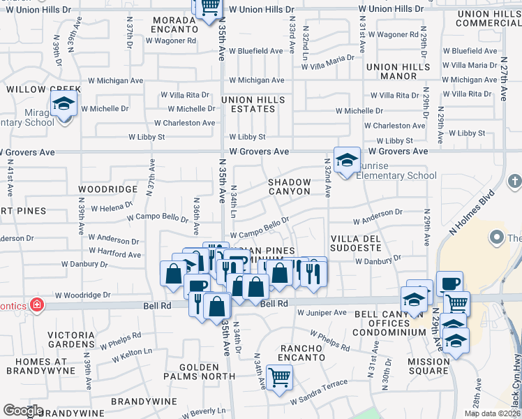 map of restaurants, bars, coffee shops, grocery stores, and more near 3426 West Angela Drive in Phoenix