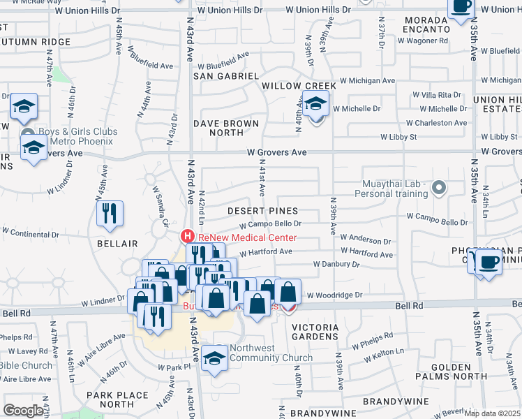 map of restaurants, bars, coffee shops, grocery stores, and more near 17438 North 41st Avenue in Glendale