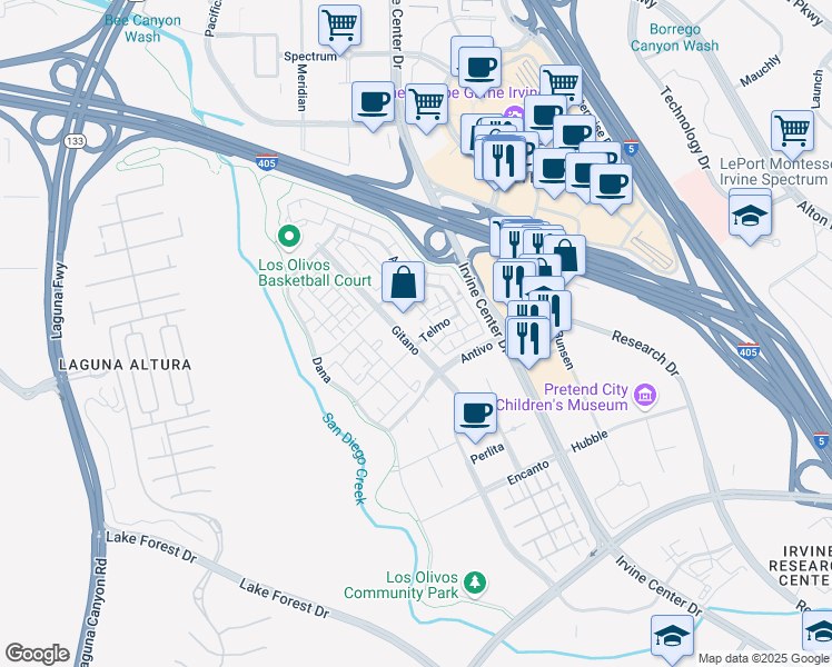 map of restaurants, bars, coffee shops, grocery stores, and more near 310 Gitano in Irvine