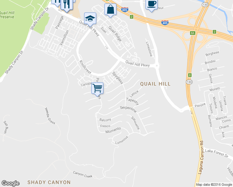 map of restaurants, bars, coffee shops, grocery stores, and more near 145 Treehouse in Irvine