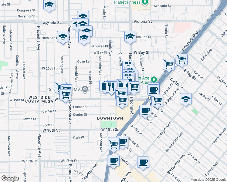 map of restaurants, bars, coffee shops, grocery stores, and more near 545A Bernard Street in Costa Mesa