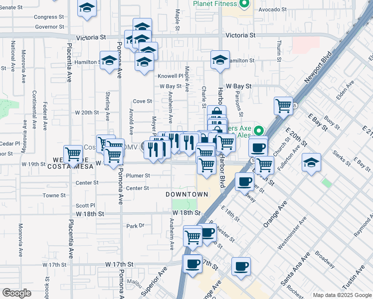 map of restaurants, bars, coffee shops, grocery stores, and more near 590 Wendy Lane in Costa Mesa
