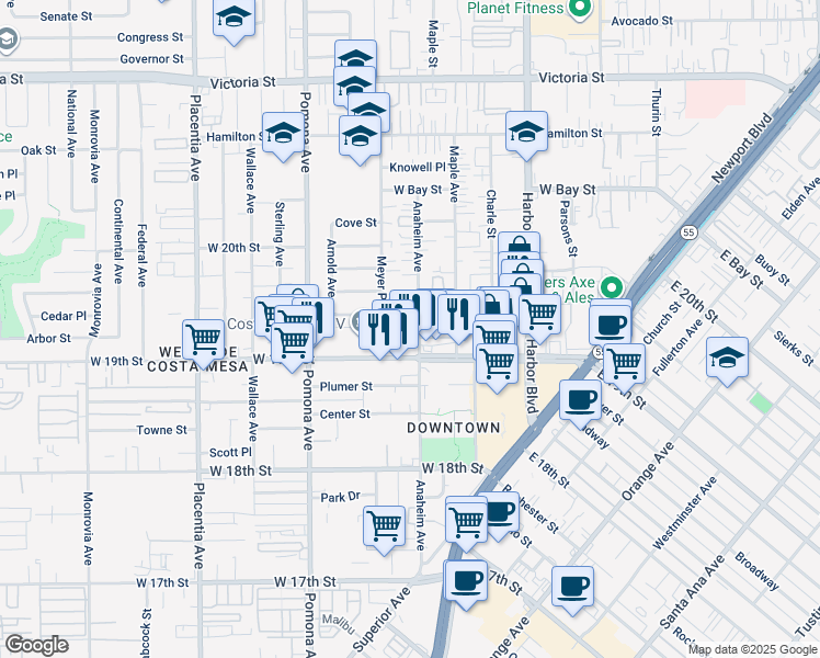 map of restaurants, bars, coffee shops, grocery stores, and more near 1929A Anaheim Avenue in Costa Mesa