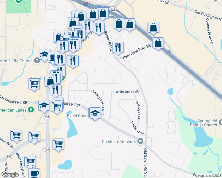 map of restaurants, bars, coffee shops, grocery stores, and more near 1328 White Oak Street Southeast in Conyers