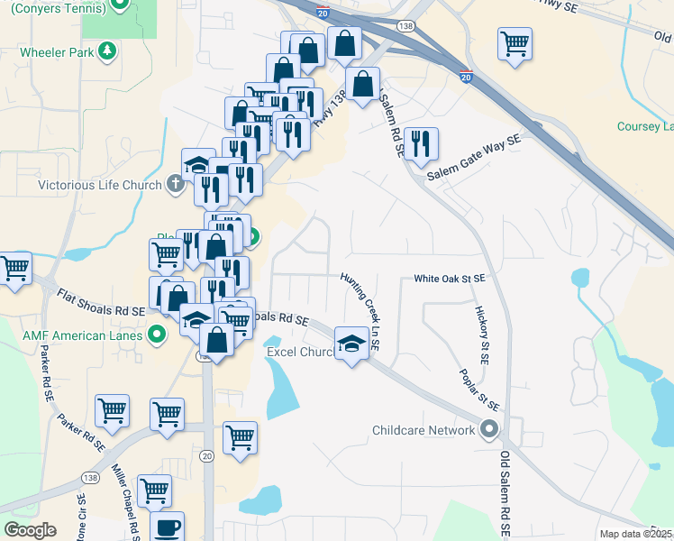 map of restaurants, bars, coffee shops, grocery stores, and more near 1700 Winchester Way Southeast in Conyers