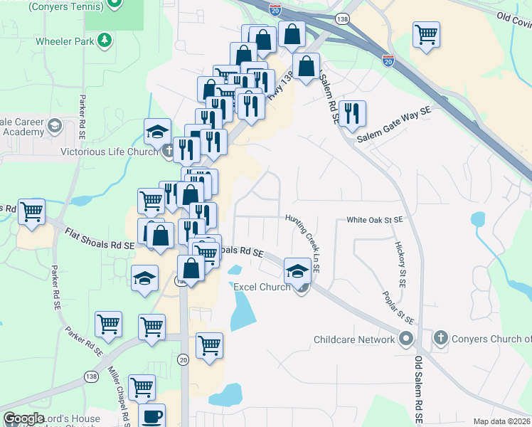 map of restaurants, bars, coffee shops, grocery stores, and more near 1700 Winchester Way Southeast in Conyers
