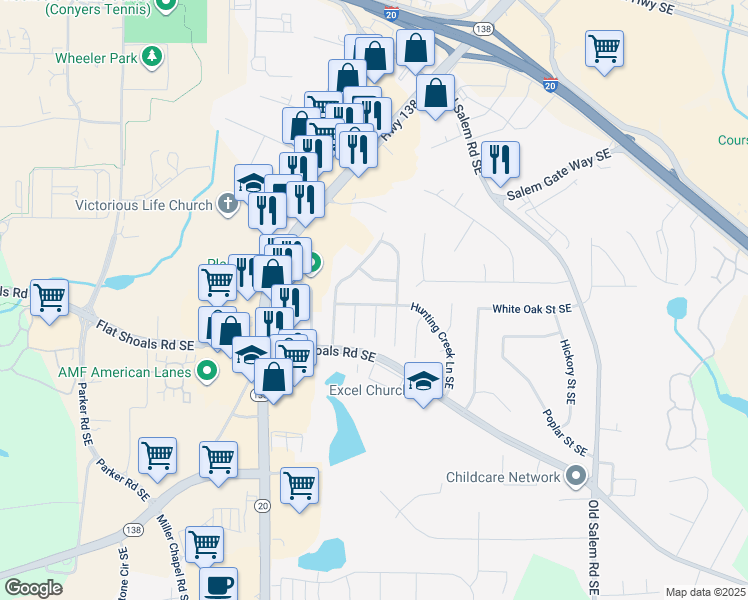 map of restaurants, bars, coffee shops, grocery stores, and more near 1700 Winchester Way Southeast in Conyers