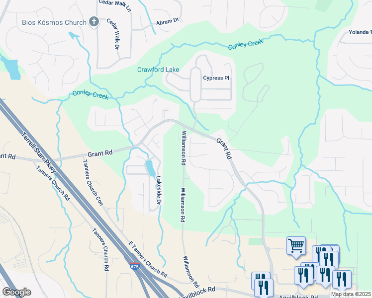 map of restaurants, bars, coffee shops, grocery stores, and more near 3831 Village Crossing Lane in Ellenwood