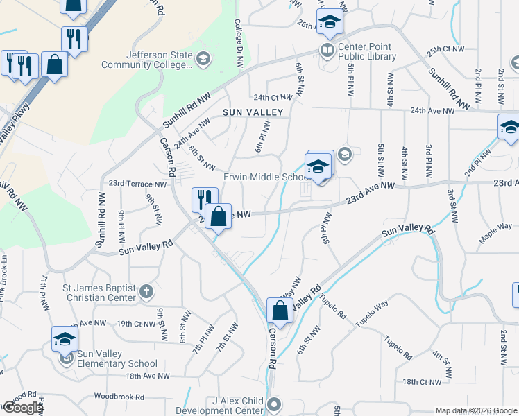 map of restaurants, bars, coffee shops, grocery stores, and more near 2300 6th Street Northwest in Center Point
