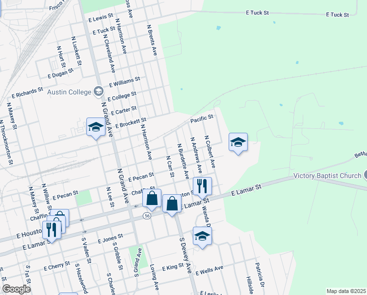 map of restaurants, bars, coffee shops, grocery stores, and more near 501 North Burdette Avenue in Sherman