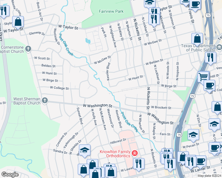 map of restaurants, bars, coffee shops, grocery stores, and more near 1211 1213 Hunt Street in Sherman