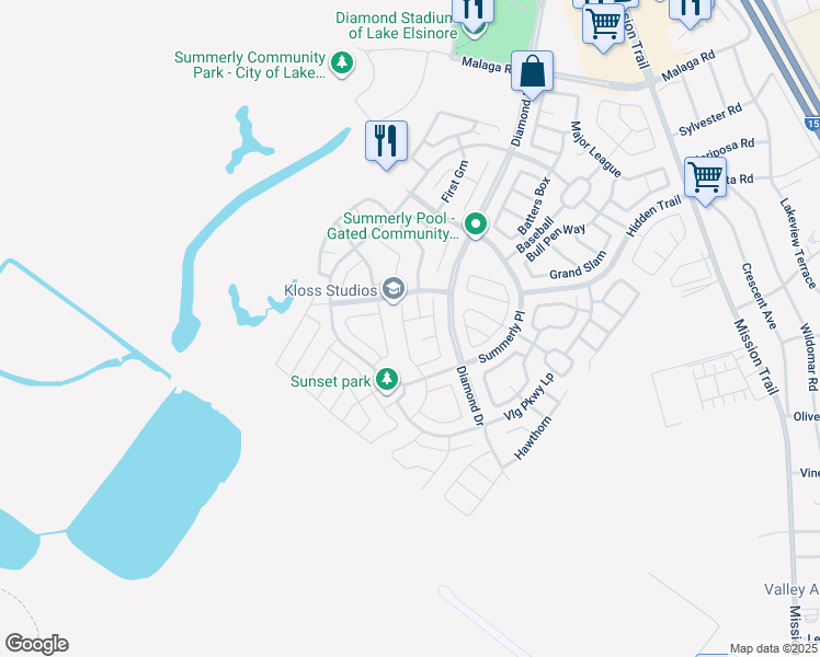 map of restaurants, bars, coffee shops, grocery stores, and more near 29274 Windflower in Lake Elsinore